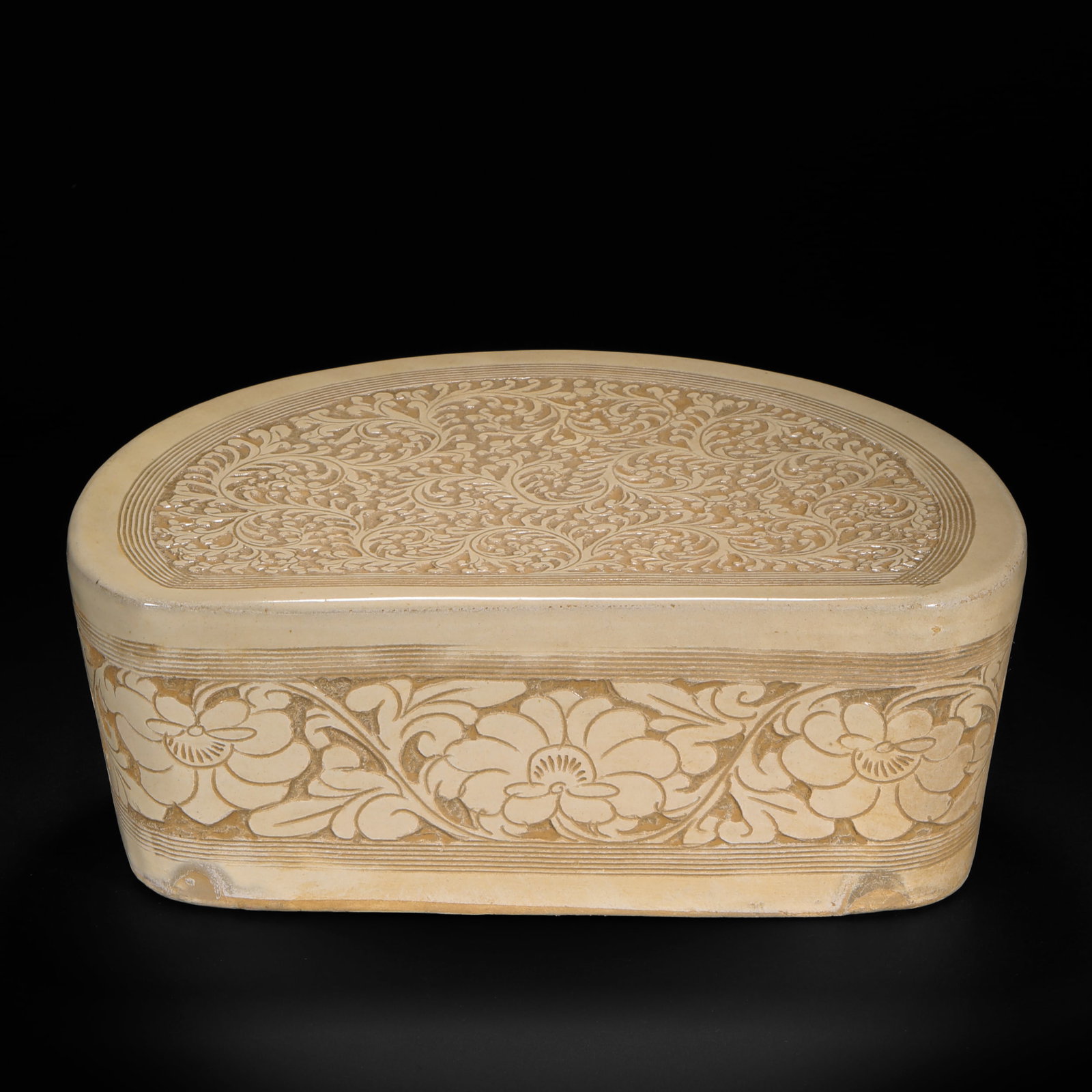 Ming Dynasty Cizhou Kiln Engraved Flower Pattern Porcelain Pillow: H11cm W28cm