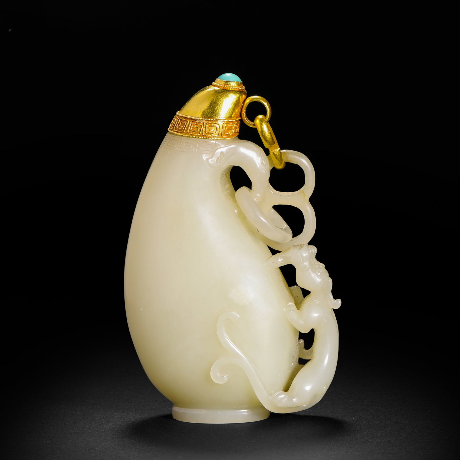Qing Dynasty Hotan Jade Dragon Ear Gold Cap Chain Bottle: H10cm W6cm Weight175g