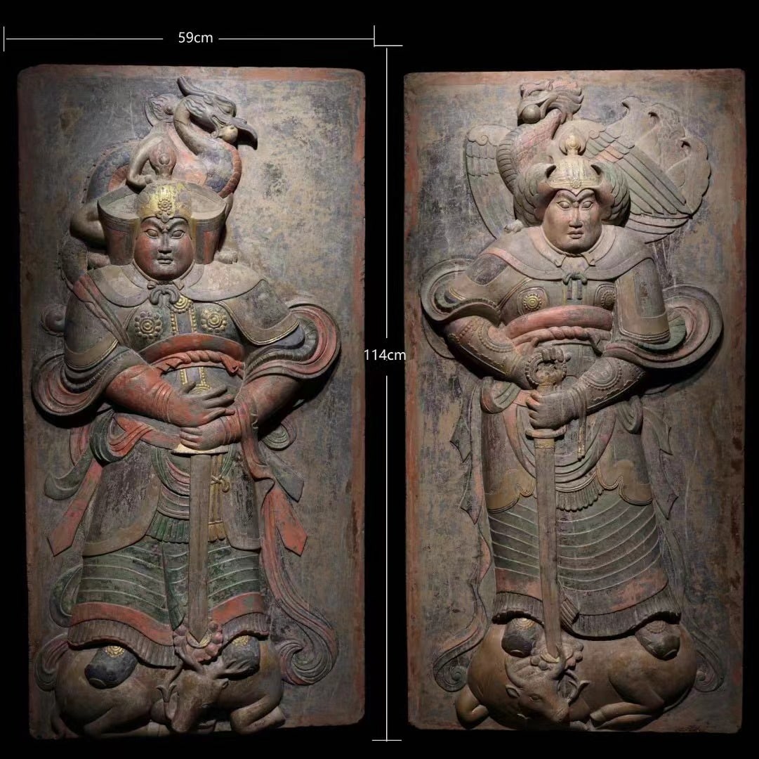 Before the Ming Dynasty, bluestone painted door god stone slab: H:114cm,W:59cm