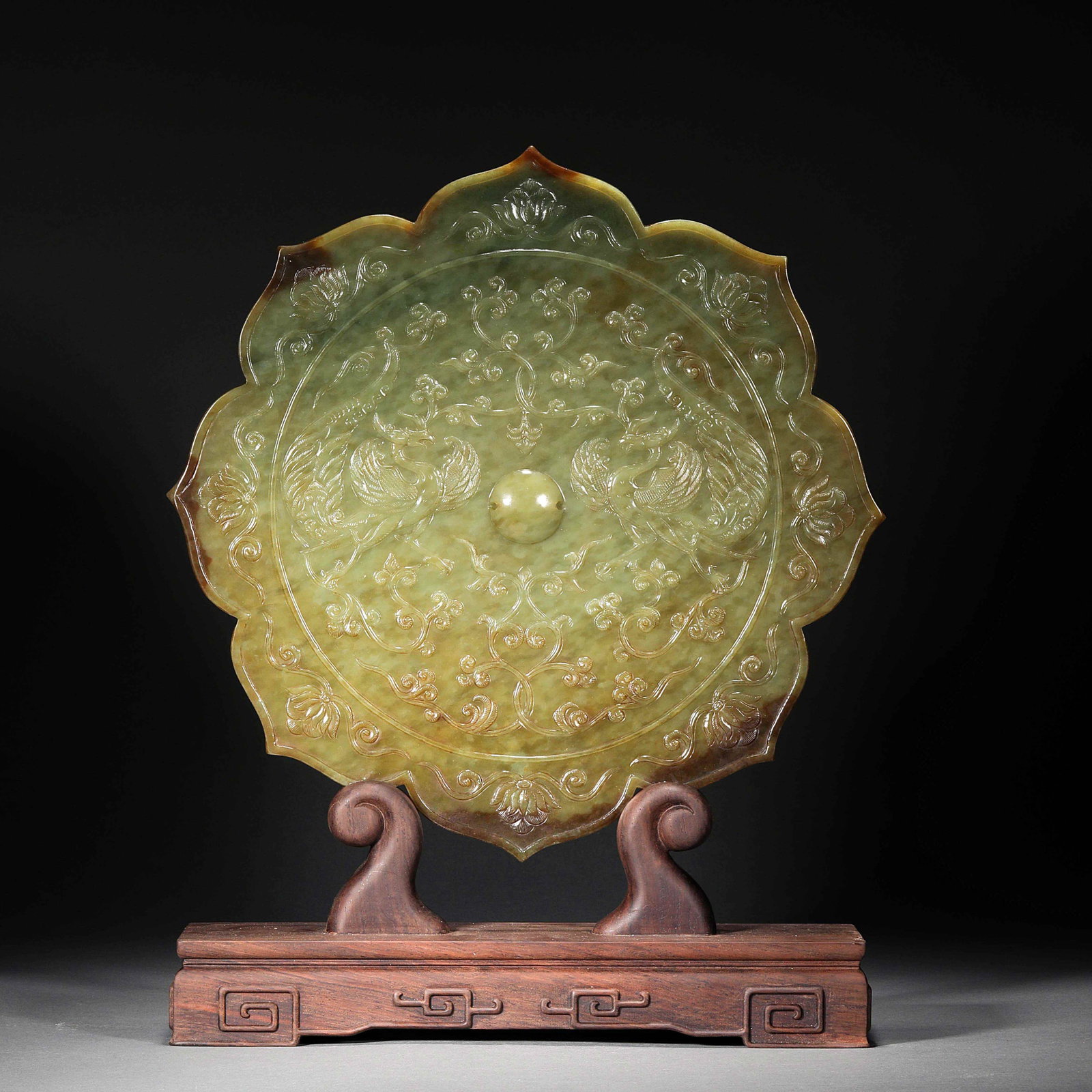 Ming Dynasty or before Hetian jade phoenix jade mirror: Diameter30cm Weight1221g