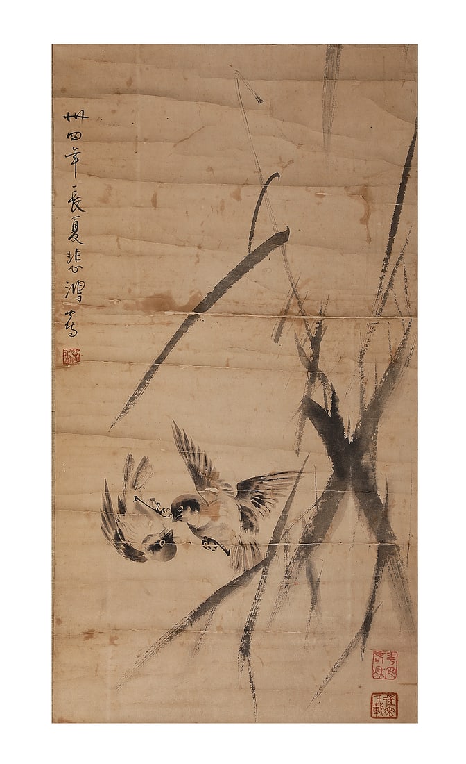 Chinese ink painting, Xu Beihong sparrow figure: H60cm W31cm