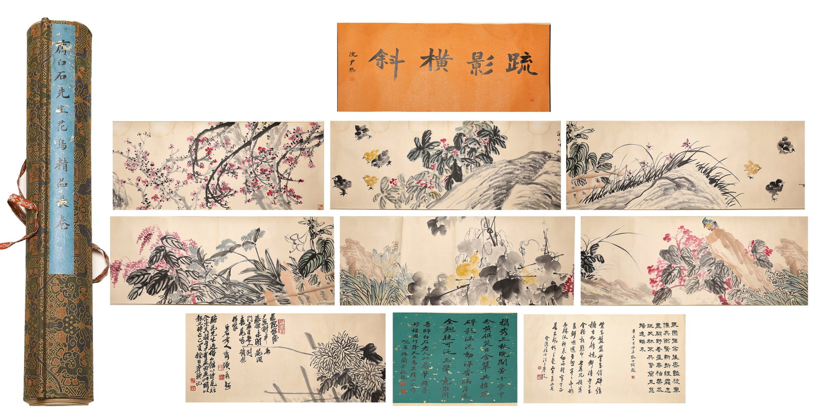 Chinese ink painting, Qi Baishi flower and bird boutique scroll: H1160cm W48cm