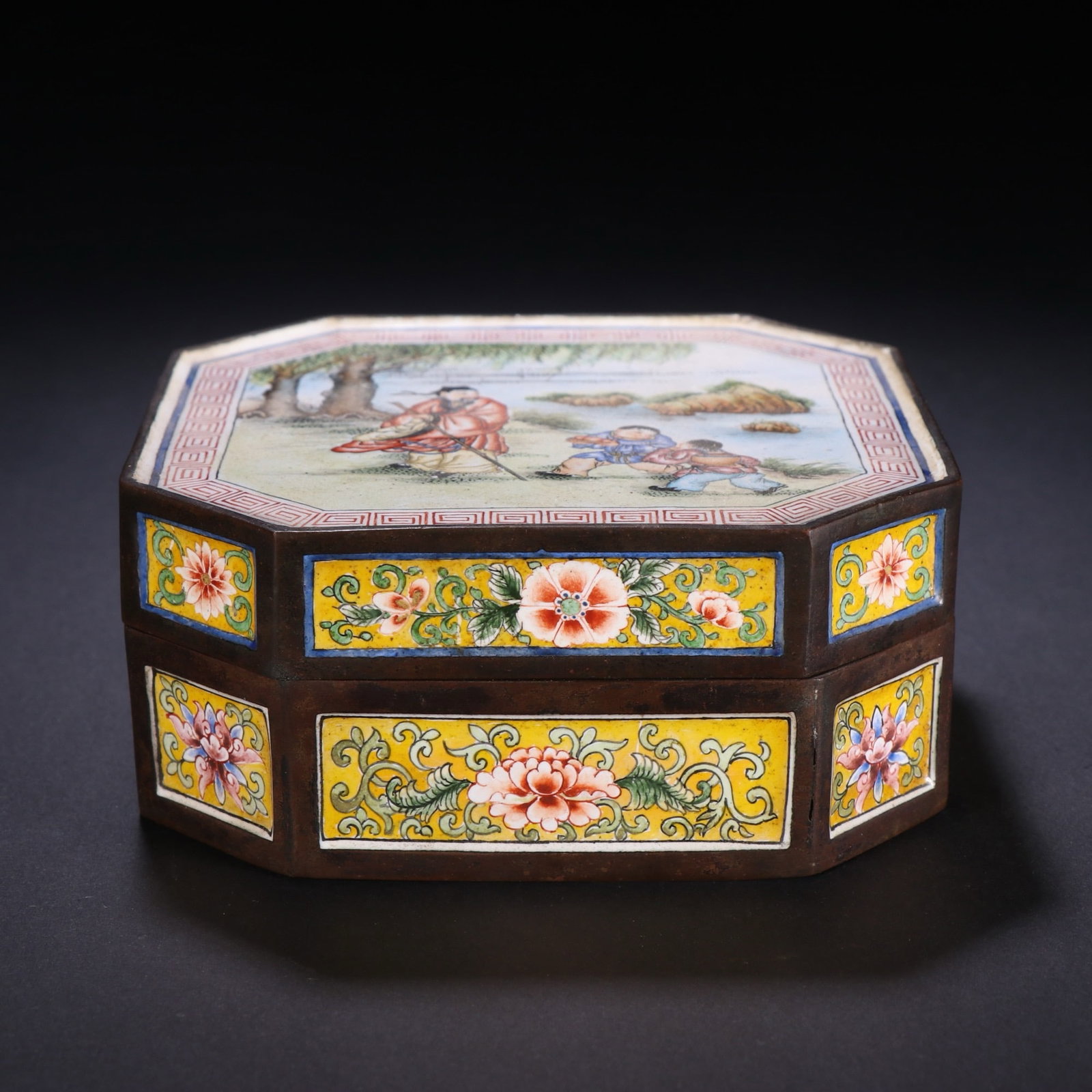 Qing bronze painting enamel character story square cover box: H4.6cm W10.3cm Weight650g