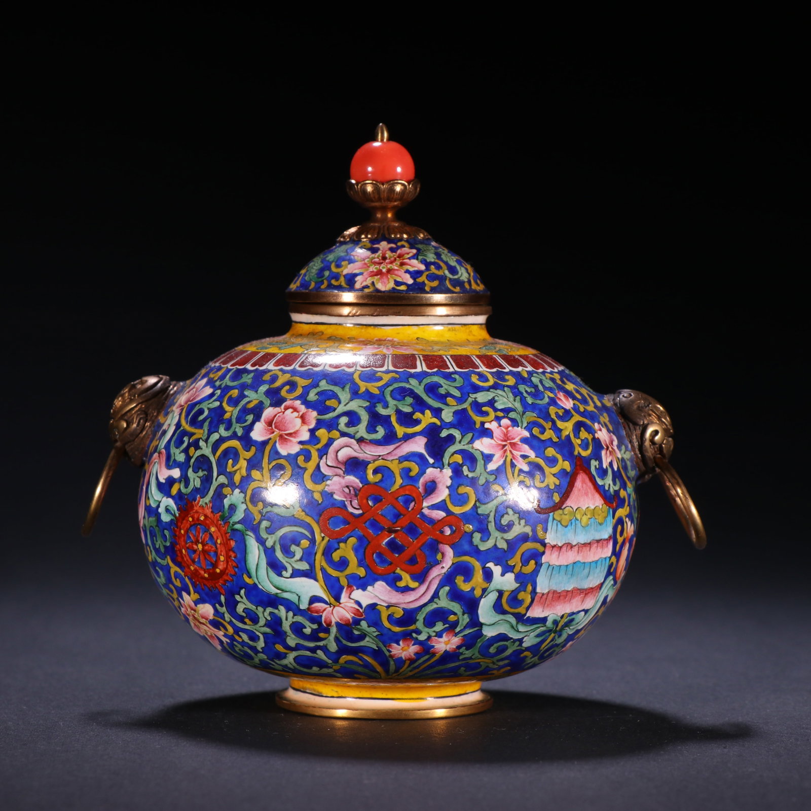 Qing Dynasty copper painting enamel flower cover jar (1 of 9)
