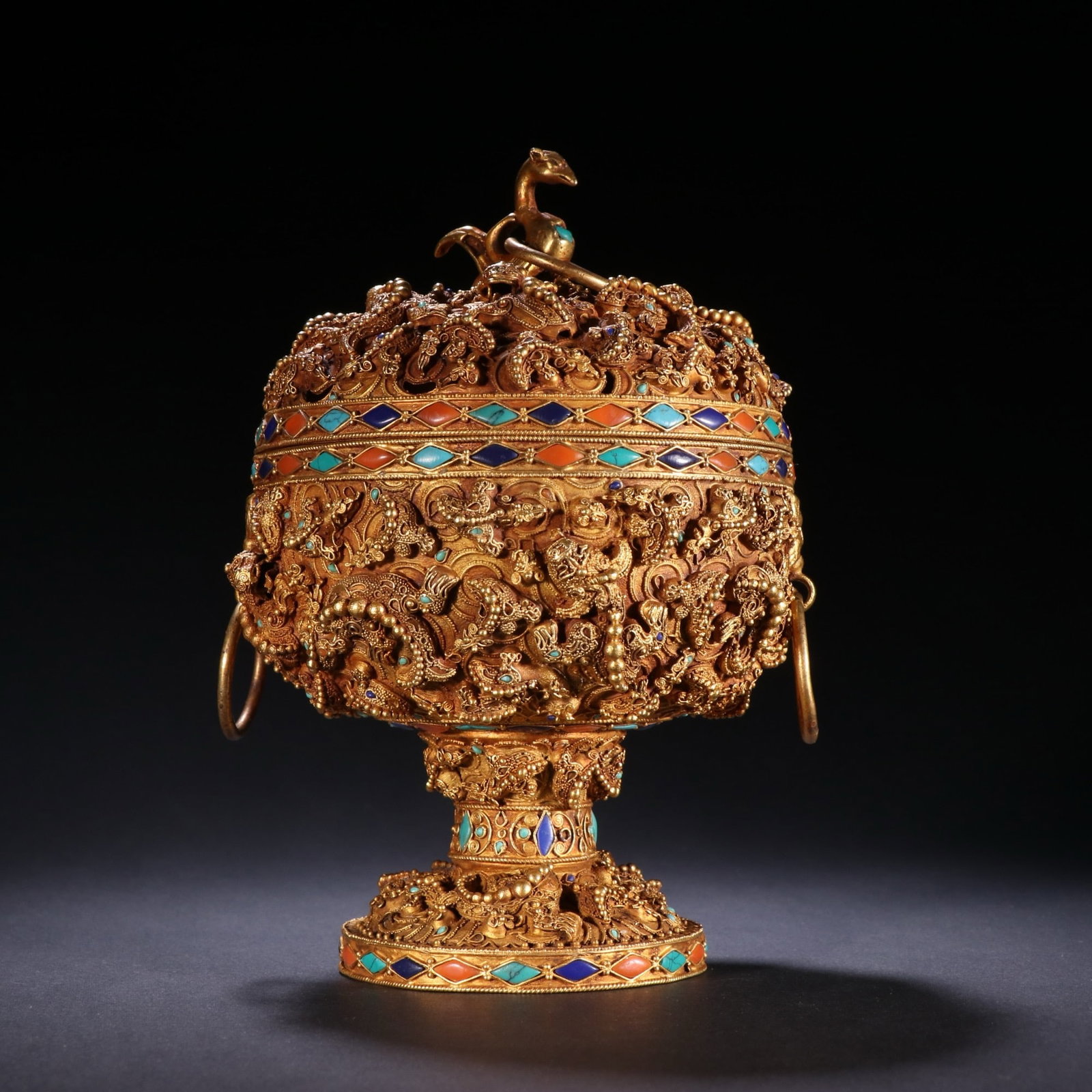 Before the Ming Dynasty, silver gilt fried beads embedded in gemstone binaural furnace: H16cm W105cm Weigh710tg