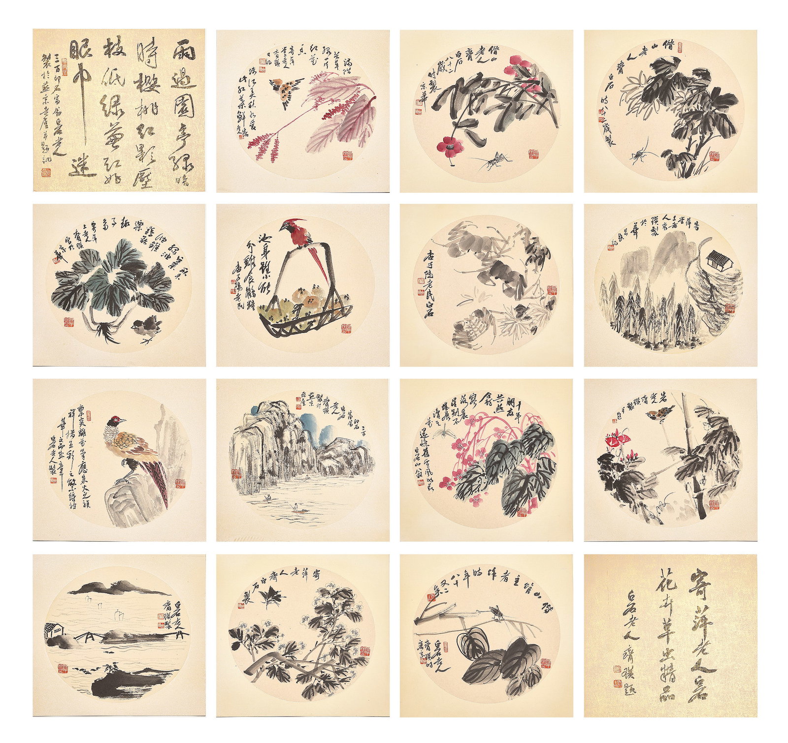 Chinese ink painting, Qi Baishi flowers and birds landscape boutique folding: H50cm W50cm