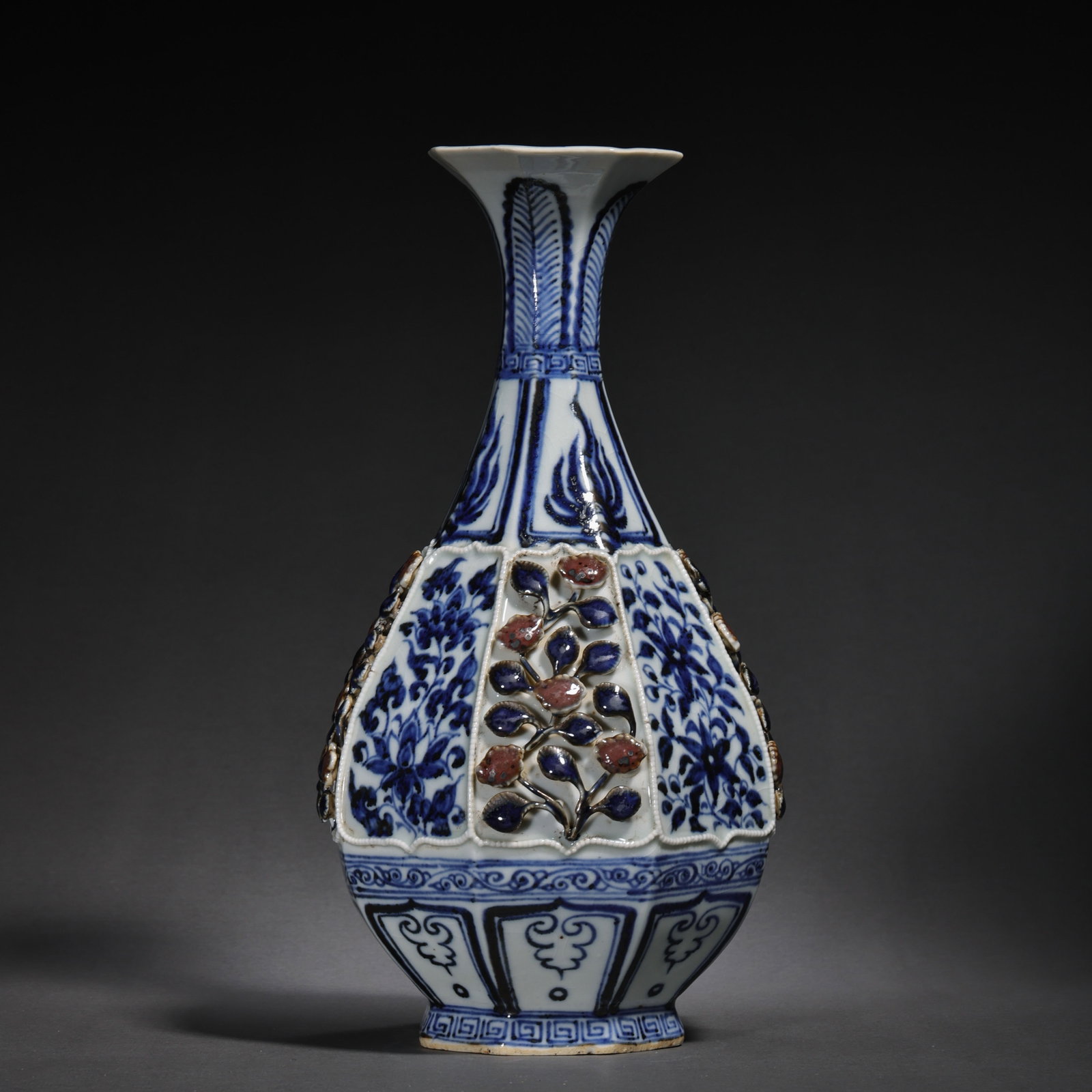 Ming Dynasty Blue and Flower Underglaze Red Jade Huchun: H27cm W8cm