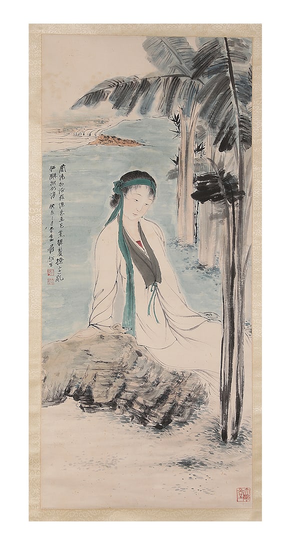 Chinese ink painting, Zhang Daqian lady figure: H90cm W40cm
