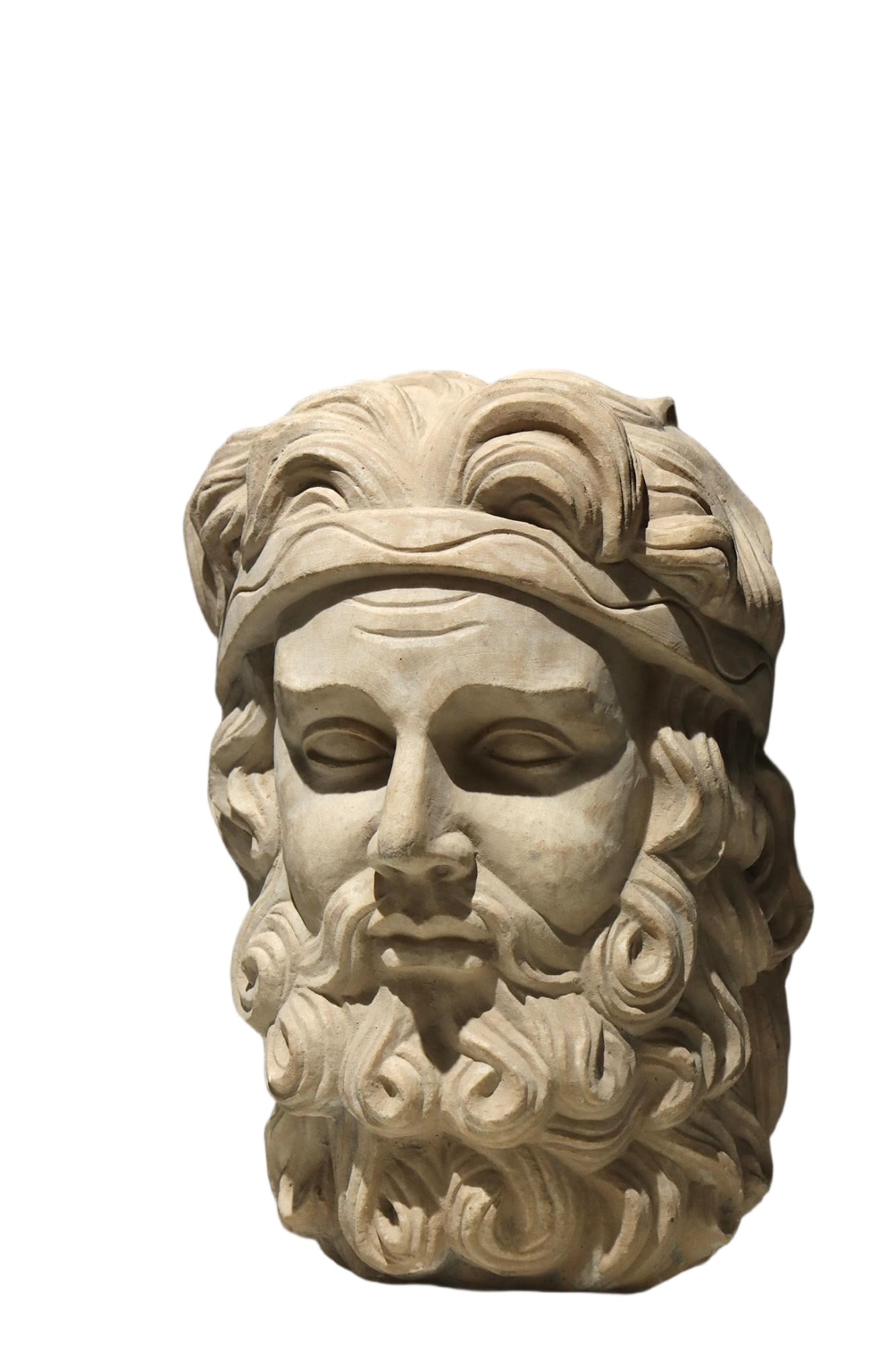 A 3-CENTURY ANCIENT GREEK STONE STATUE OF ZEUS' HEAD: Height:33cm (12.99in) Stone head of Zeus, chief deity in ancient Greek mythology, crafted following Classical Greek sculptural tradition. Adorned with a fillet, abundant wavy hair and elaborate