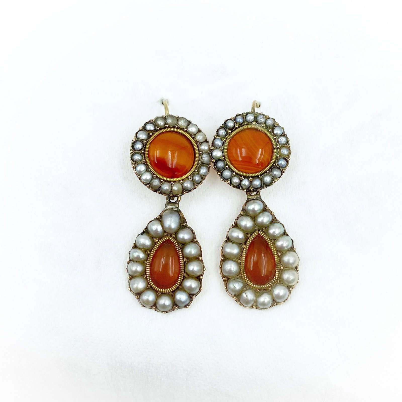 Georgian Gold Carnelian Pearl Earrings: 14K. Finely detailed dangle earrings in excellent condition. 1 1/2 L x 1/2" W. Weight 6.6 grams