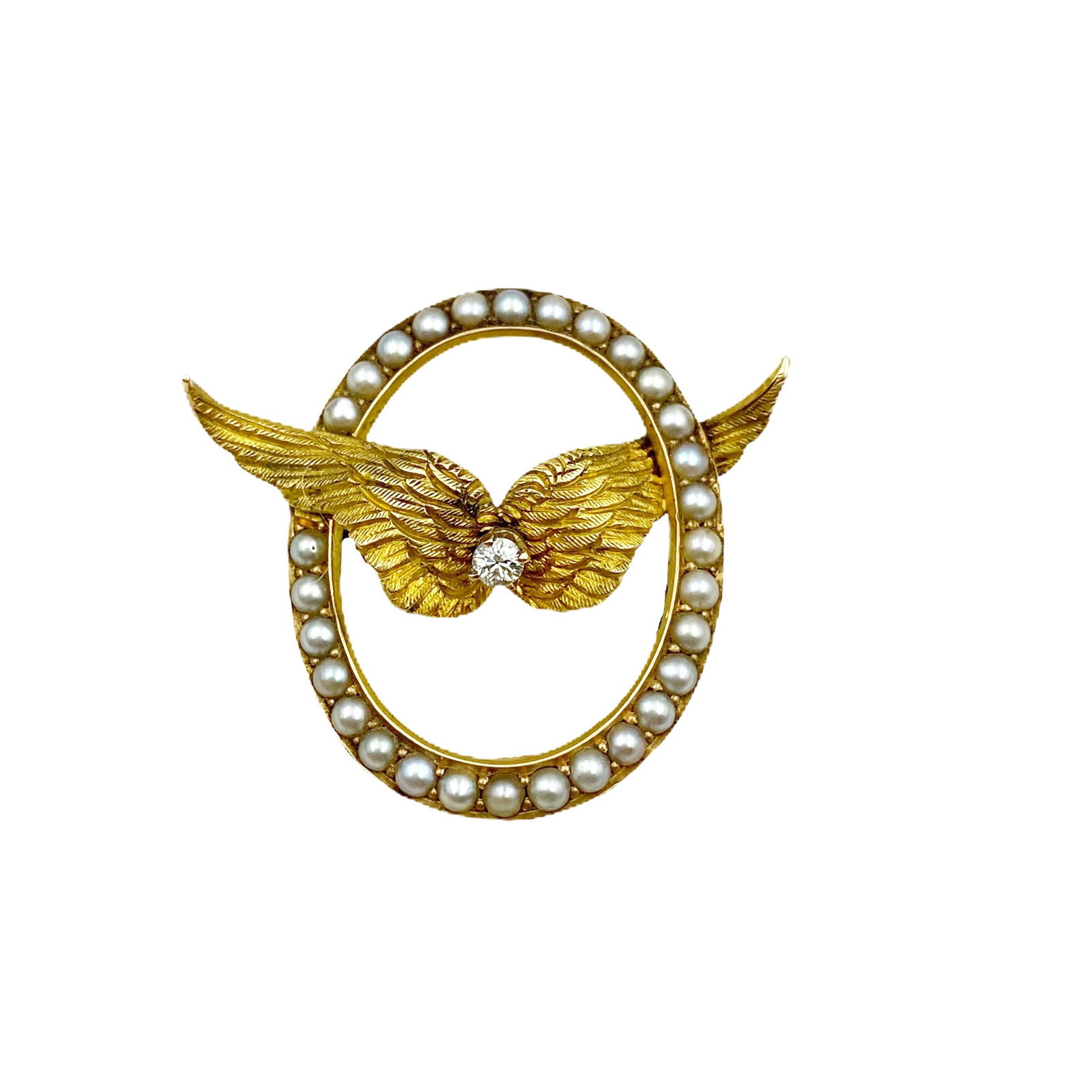 Victorian Gold Winged Diamond Pearl Oval Pin (1 of 5)