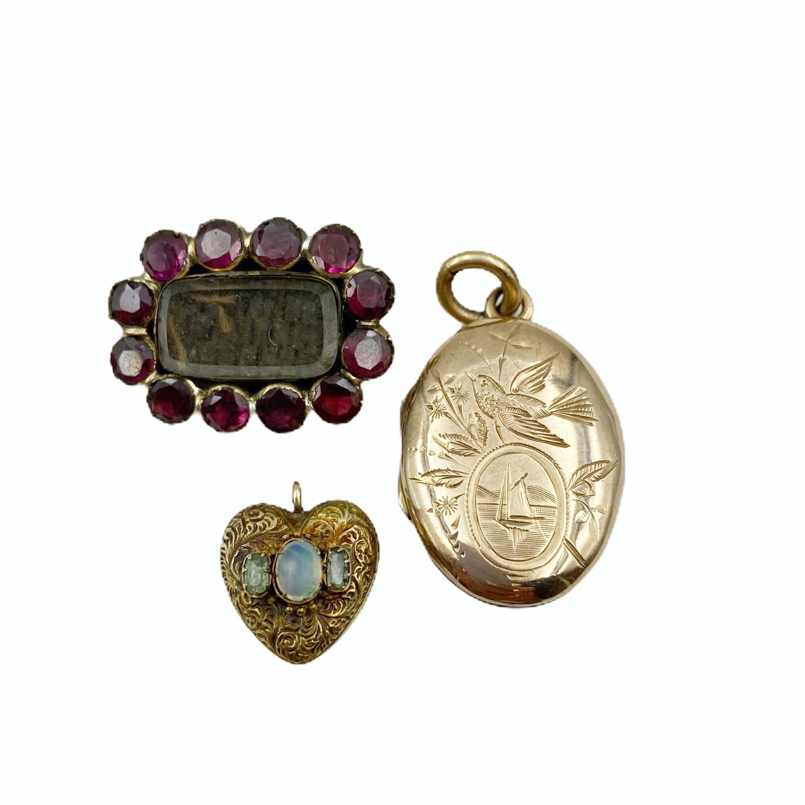 Lot Victorian Gold Garnet Opal Locket Pendants (1 of 3)