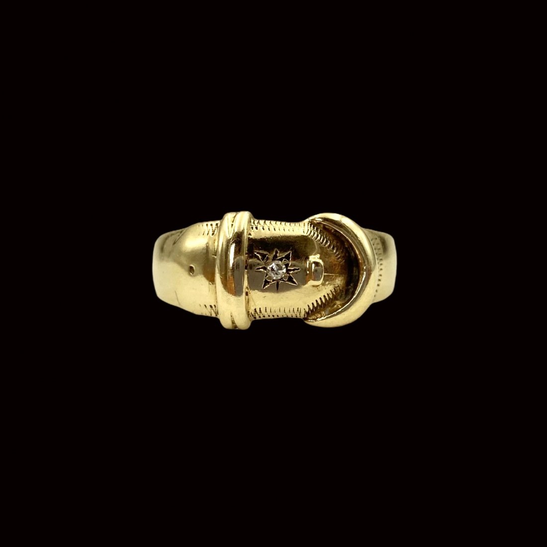 Victorian Gold Diamond Buckle Ring: 14K. Hand chased decoration with star detail. Measures 10mm at widest. Ring size 11 Excellent condition