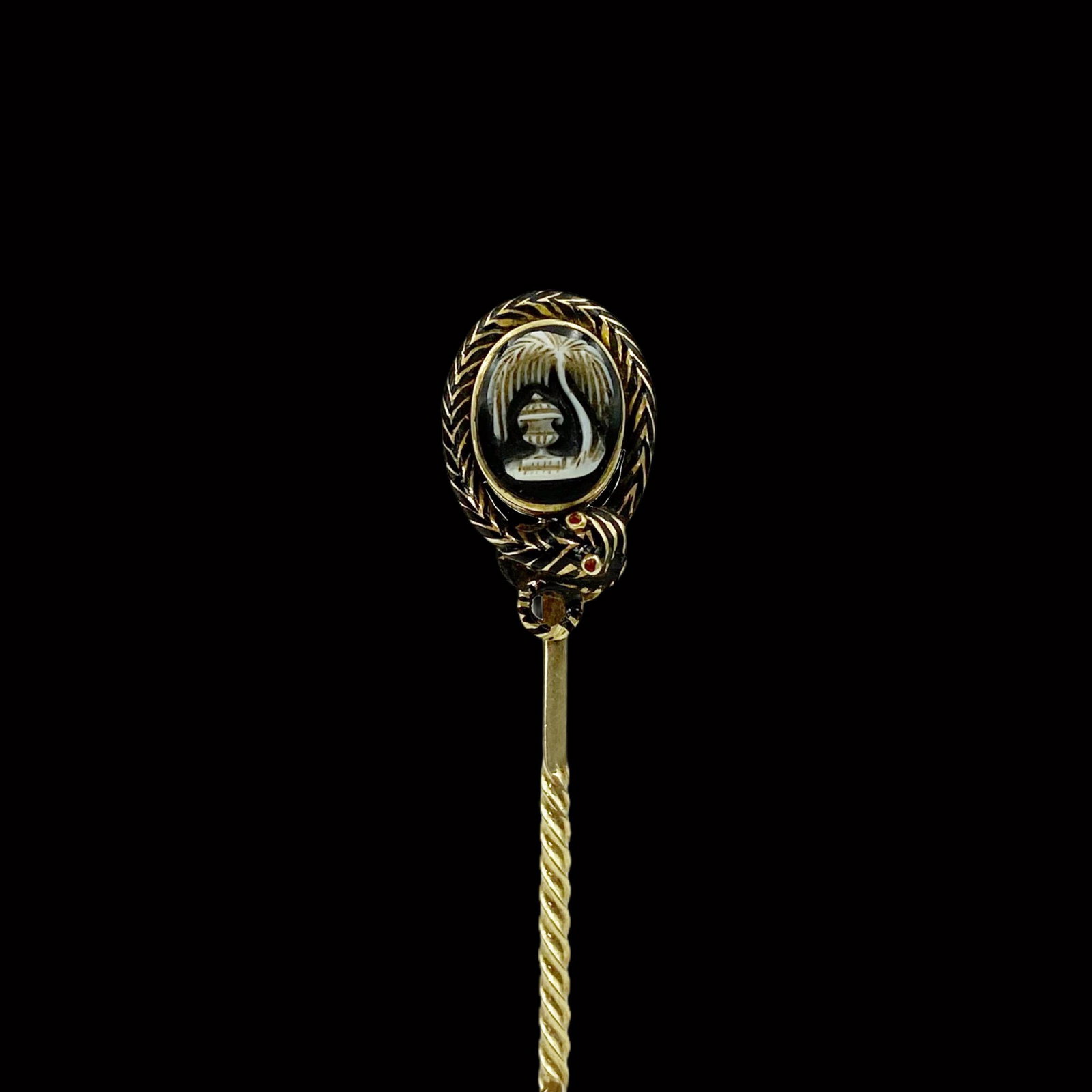 Victorian Gold Enamel Snake Memorial Stickpin: 14K. Amazing mourning pin with an enameled snake wrapped around an expertly carved agate depicting a weeping willow tree and memorial urn. Very fine example of hair work preserved behind glass on reve