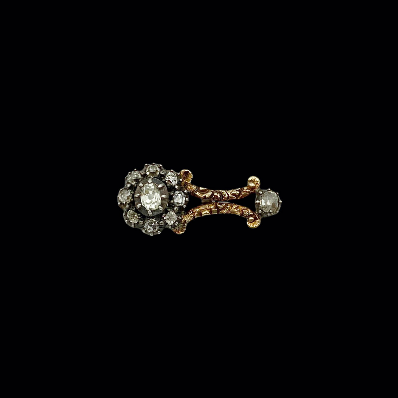 19th C Gold Diamond Halley's Comet: Circa 1835. Collet set with old mine cut diamonds in solid gold. Measures 1 x 1/2 inches. Excellent condition.