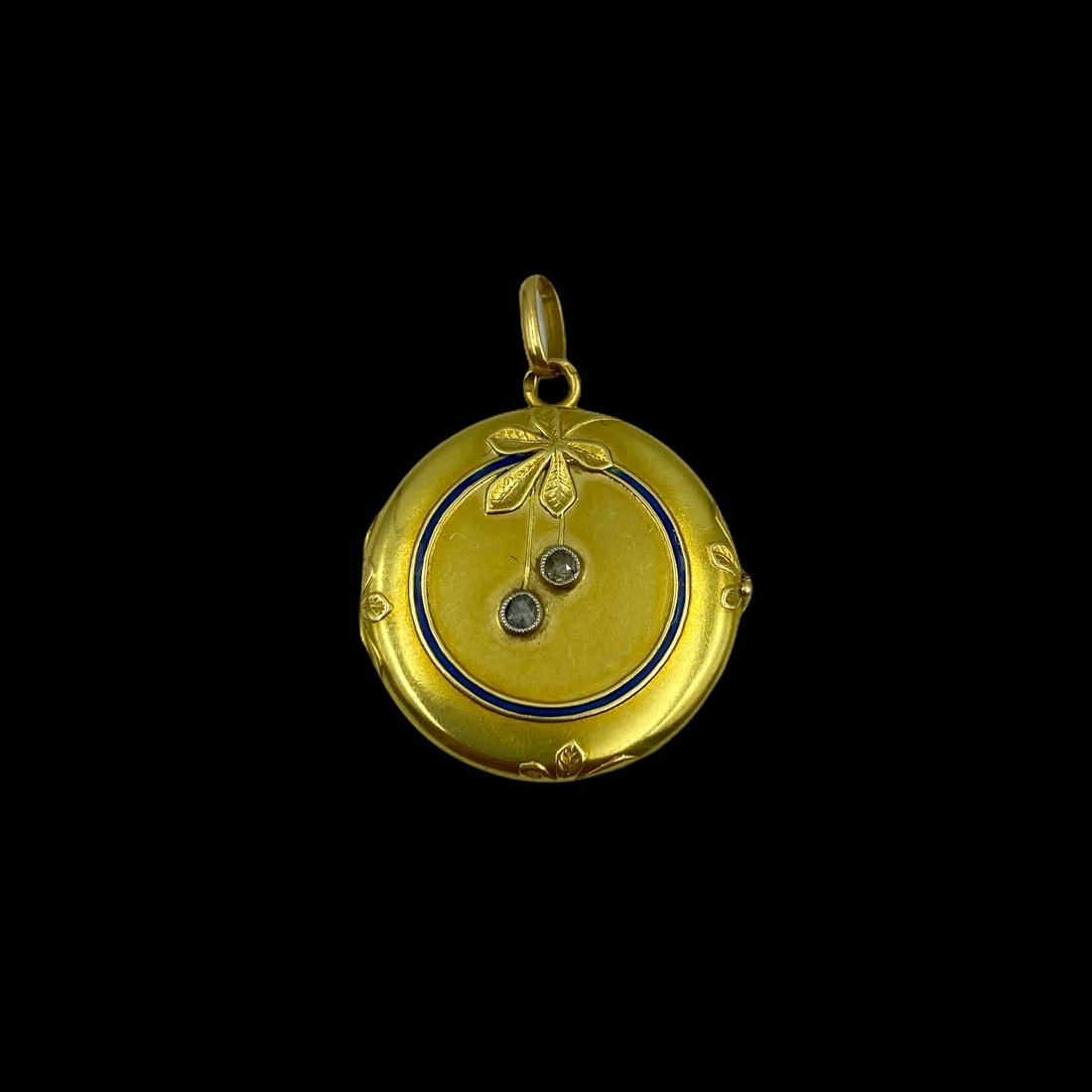 Art Nouveau Gold Diamond Locket: 18K. Royal Blue enamel with two rose cut diamonds in lovely Art Nouveau design. Measures 7/8 in Dia. Weight 4.5g