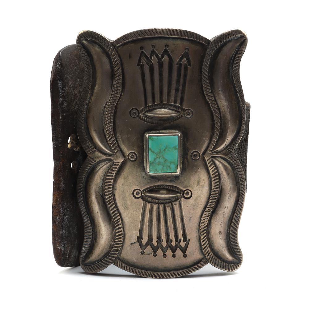 Navajo Turquoise and Silver Ketoh with Original Leather: Possibly by Austin Wilson or Hosteen Goodluck - Navajo Turquoise and Silver Ketoh with Original Leather c. 1910s-20s. 156.9 grams, 3.75" x 2.5" face. The leather is original. Possibly made by Austin W