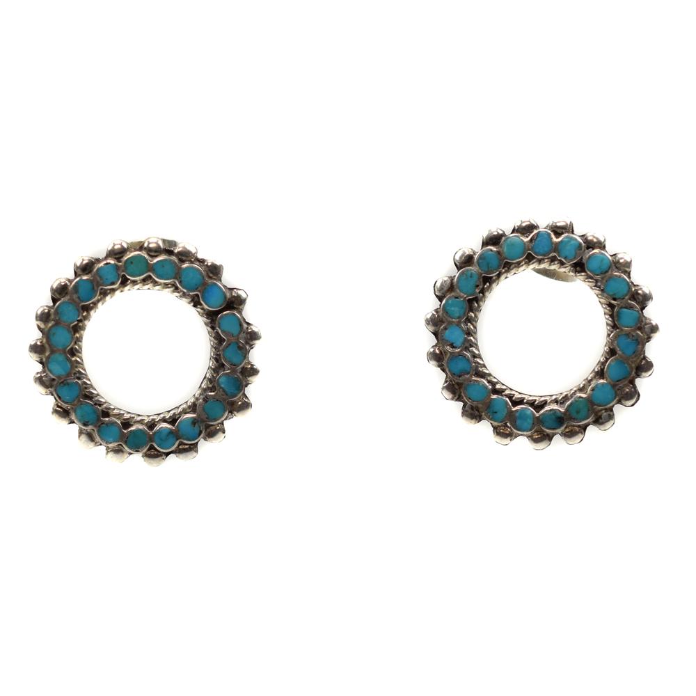 Dishta - Zuni Petit Point Turquoise Channel Inlay: Dishta Family - Zuni Petit Point Turquoise Channel Inlay and Silver Post Earrings c. 1950s. 2.6g, 0.875" diameter. Acquired from a private collection in California. Frank Dishta (1902-1954), Pauline D