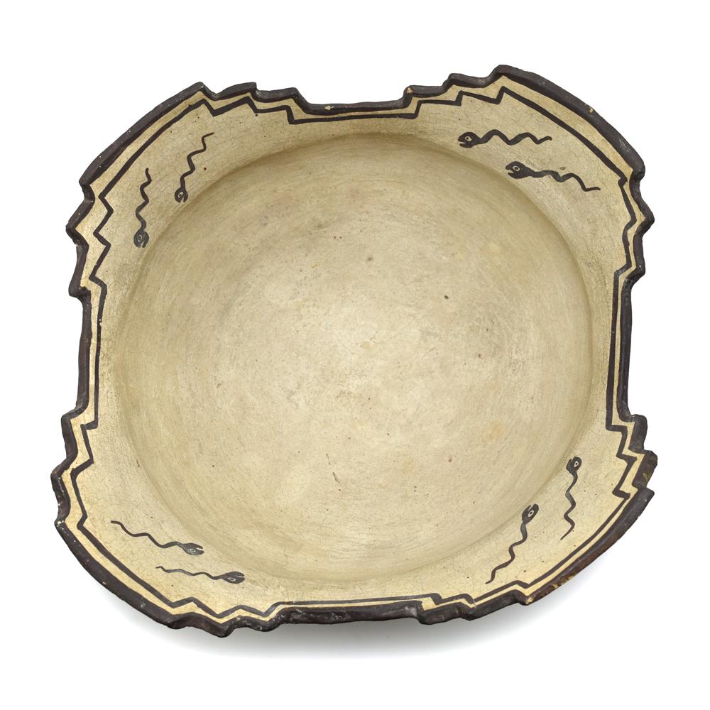 Zuni Kiva Style Terraced Bowl, Tadpole Design: c. 1885-1890. Kiva step rim with the 4 cardinal points (North, South, East and West). Double line decoration around the rim. 8 tadpoles on interior of the bowl, 8 tadpoles on the exterior. Tadpoles re