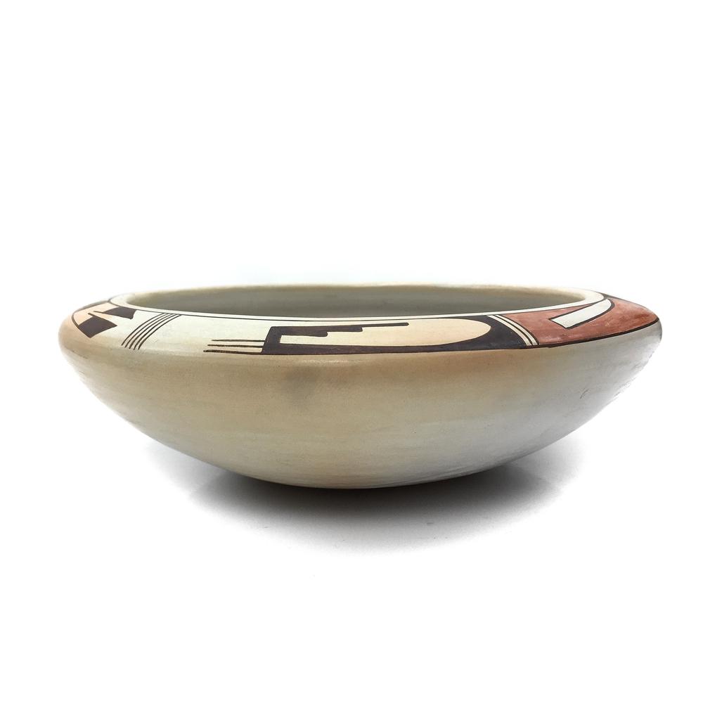 Joy Navasie (Frog Woman) Hopi Polychrome Bowl: Joy Navasie (1919-2012) - Frog Woman - Hopi Polychrome Bowl with Geometric Patterns c. 1960s. Joy Navasie (1919-2012) Frog Woman, Hopi circa 1960s. Open burnished bowl made with Hopi clay, this bowl h