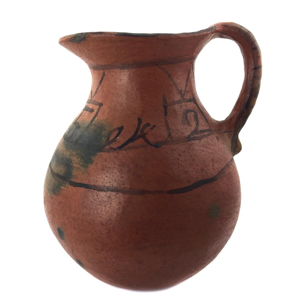 San Ildefonso Redware Pitcher with the Numbers: San Ildefonso Redware Pitcher with the Numbers 2, 4, 5, and 12, c. 1890s. Old San Ildefonso redware pitcher with a rustic black line decoration, which includes the numbers 2, 4, 5, and 12. Acquired fr