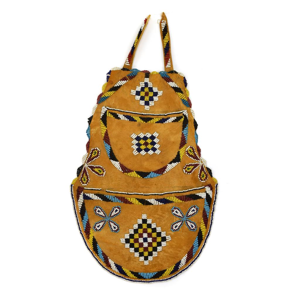 Apache Brain Tanned Deerhide Beaded Bag c. 1900s: Apache Brain Tanned Deerhide Beaded Bag with Pouches c. 1900s. Acquired directly from an old Territorial Arizona family. The owner's great-grandfather was the owner of the Rupkey Trading Post in Perid