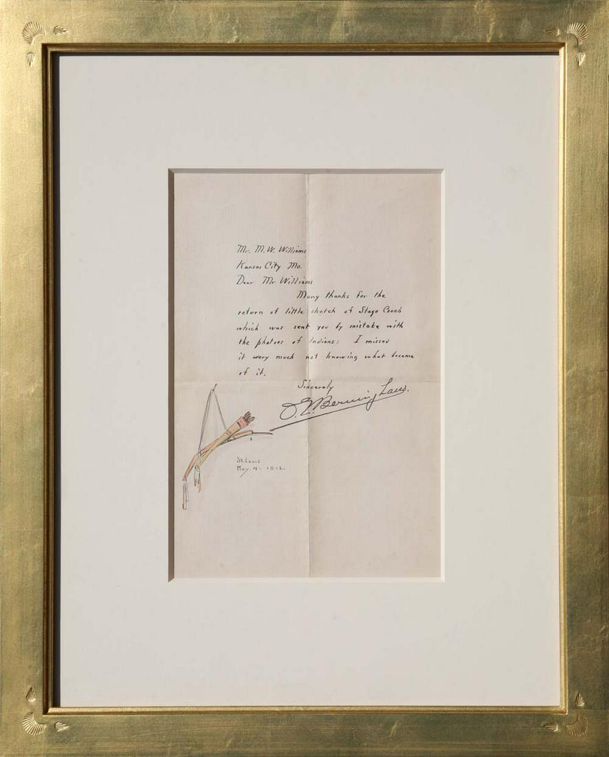 O.E. Berninghaus (1874-1952) - Illustrated Letter: Ink and colored pencil on paper. 18" x 14.5" framed size. Custom gold leaf carved frame with museum glass and mounting. Text reads "Mr. M. W. Williams, Kansas City, Mo. Dear Mr. Williams, Many thanks 
