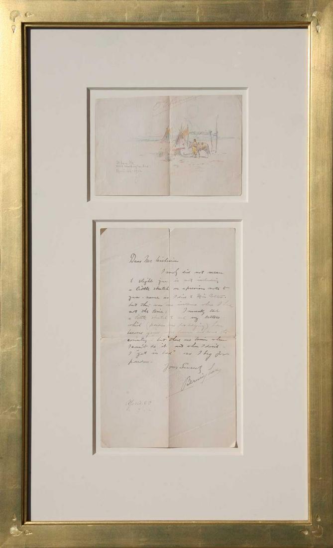 O.E. Berninghaus (1874-1952) - Drawing and Letter: Ink and Colored Pencil on Paper. 25.25" x 15.25" framed size. Custom gold leaf carved frame with museum glass and mounting. The top drawing measures 4.5 by 6.75 inches. In the lower left corner, it re