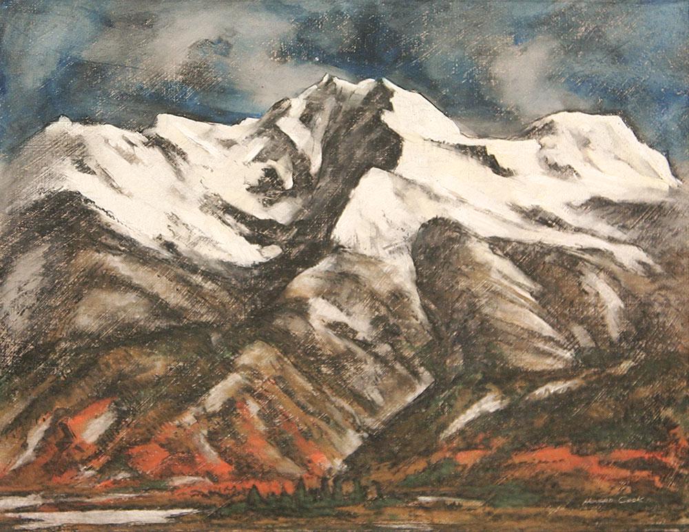 Howard Cook (1901-1980) - Wheeler Peak Near Taos: c. mid-1950s. 21" x 27" mixed media. 30" x 36" framed size. Pastel, charcoal, and acrylic on paper. Acquired from a private collection in Arizona. Signed lower right corner.
