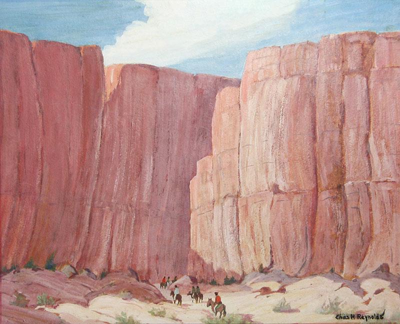 Charles H. Reynolds (1902-1963) - Canyon de Chelly: 15.5" x 19.5" oil on board, c. 1930s-40s. Measurements with the old vintage frame are 21.5" x 25.5". The painting is framed behind glass. Acquired from a private collection in Hawaii. Signed lower rig