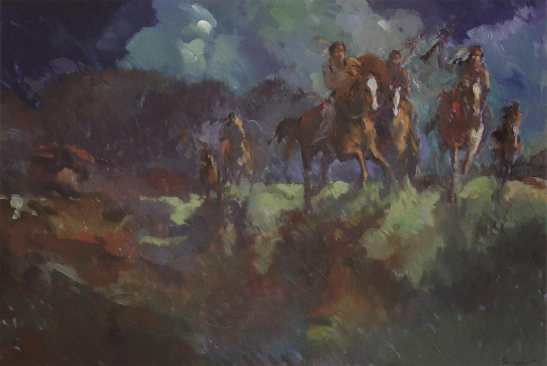 Francis Livingston - The Holy Road, Orig. Illus.: Original illustration for "The Holy Road" novel by Michael Blake, the sequel to "Dances with Wolves." Ex Michael Blake collection. 20" x 29.5" oil on canvas. 32.25" x 42" framed size. Framed behind gl