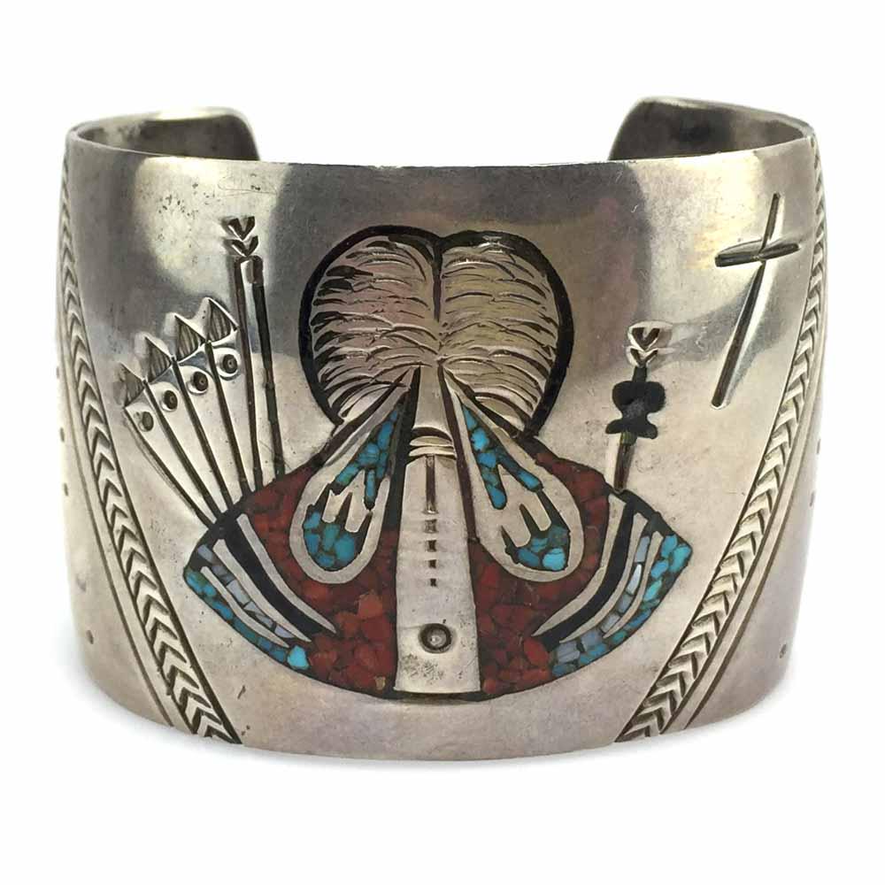 Gibson Gene - Navajo Turquoise, Coral Bracelet: Gibson Gene - Navajo Turquoise and Coral Chip Inlay and Silver Bracelet with Singer and Peyote Bird Pictorials c. 1980s, 82 grams, 1.75" bandwidth, size 6.75 to include a gap of 1". Artist hallmark on