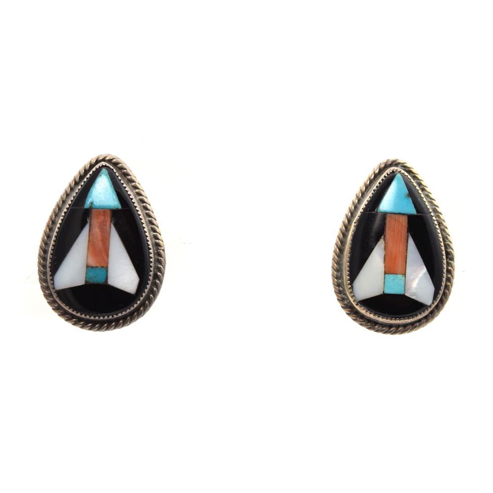 John Gordon Leak Zuni Multi-Stone Earrings: John Gordon Leak (b. c. 1900-1970) - Zuni Multi-Stone Inlay and Sterling Silver Screw-back Earrings c. 1950s, 4 grams per earring, 0.875" x 0.625". Stones include jet, turquoise, coral and mother of p