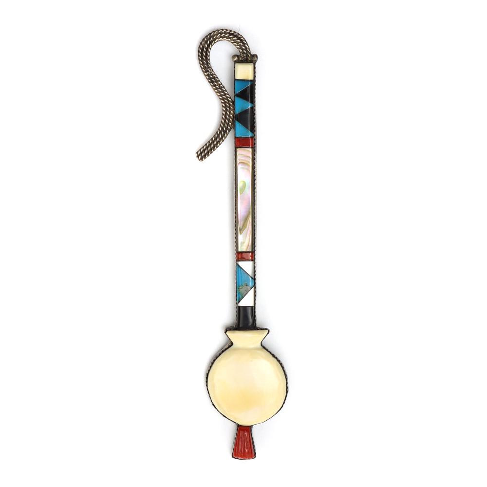 Marie Silver Navajo Multi-Stone Pin/Pendant: Marie Silver - Navajo Multi-Stone Inlay and Silver Pin/Pendant with Drum Beater Design c. 1970s, 21 grams, 5.25" x 1". Hallmarked "M SILVER" on verso. Stones include mother of pearl, abalone, shell, t