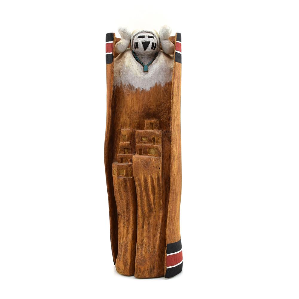 Hopi Snow Maiden Cottonwood Root Kachina: Hopi Snow Maiden Cottonwood Root Kachina, signed "Mike H." Dated 2010, 10" x 3" x 4". Excellent condition. Lovely carving from a single cottonwood root. The Snow Maiden kachina's presence is a prayer 