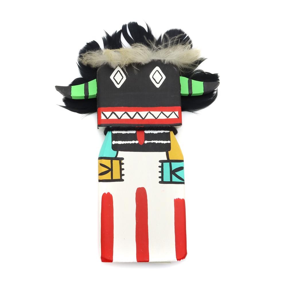 Ted Puhuyesva Hopi Broad-faced Cradle Kachina: Ted Puhuyesva, Hotevilla - Hopi Wuyak-ku-ita "Broad-faced" Cradle Kachina, Contemporary, 8.25” x 5.5” x 0.75” Excellent condition. (8.25" tall with feathers). Original Kachina designation comes