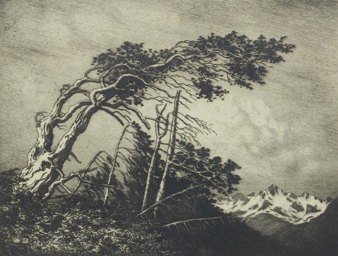 George Elbert Burr - Home of the Winds, No. 1: George Elbert Burr (1859-1939) - Home of the Winds, No. 1. c. 1920s, Etching. Image is 6” x 7.5”, 13.25" X 14.25" framed. This etching is in very good condition, there is only some darkeni
