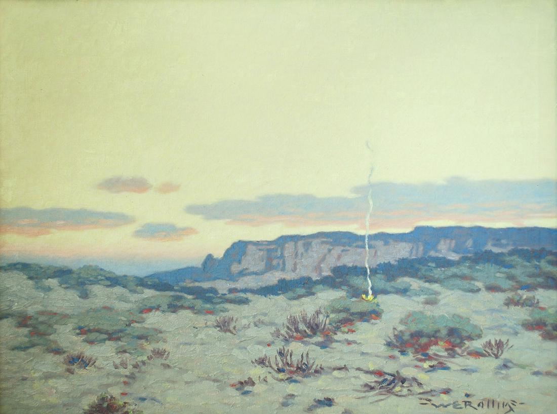 Warren E. Rollins - The Desert - Twilight: Warren E. Rollins (1861-1962) - The Desert - Twilight. Oil on Canvas. Painting is 18” x 24.25”, 23.25" x 29.25" framed. Signed lower right. Also, title on verso is signed in pencil on the