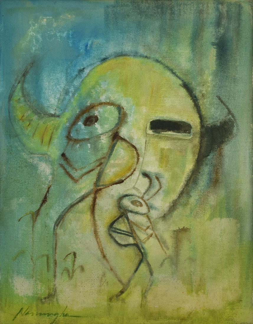 Dan Namingha - Abstract Figure: Dan Namingha (b. 1950) - Abstract Figure. c. 1980s Oil on Canvas. Painting is 24” x 18”, 24.75" x 18.75" framed. Signed lower left. The painting is in excellent condition. The frame shows