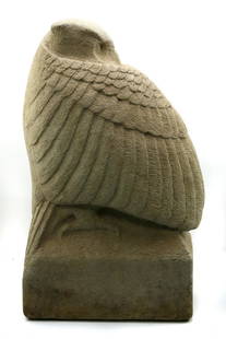 Steve Kestrel - Brujo, 1985: Steve Kestrel (b. 1947) - Brujo, 1985, 28.5" x 16.75" x 8" Solid Limestone. Signed and dated "S. Kestrel '85" under the left wing. This is a very heavy solid stone sculpture, weighing approximately