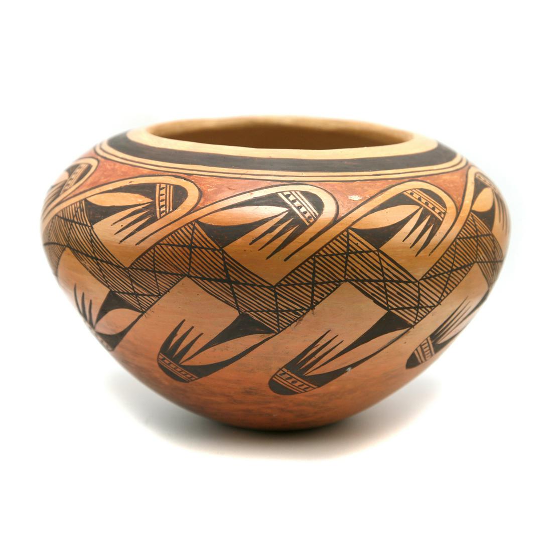 Daisy Hooee - Hopi Bowl, Migration Pattern 1960s: Daisy Hooee - Hopi Polychrome Bowl with Migration Pattern c. 1960s, 6" x 9.75". Signed by the artist on the bottom. Acquired from a private collection in Kansas. Each lot shows additional images, cond