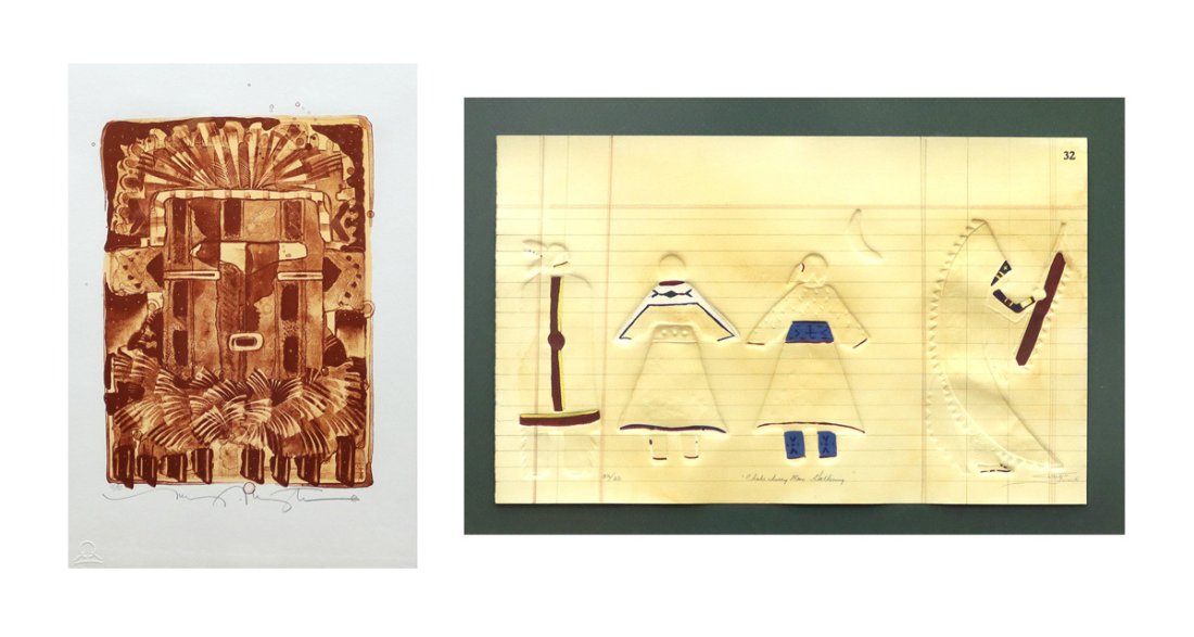 Tony Abeyta- Kachina Portrait, 12/50 and Sevier K. Jackie - Chokecherry Moon Gathering: Tony Abeyta- Kachina Portrait, 12/50 and Sevier K. Jackie - Chokecherry Moon Gathering, Description/Condition: 1.) Kachina Portrait by Tony Abeyta: 16" x 11" (21.75" x 16.75" framed). Lithograph Editi