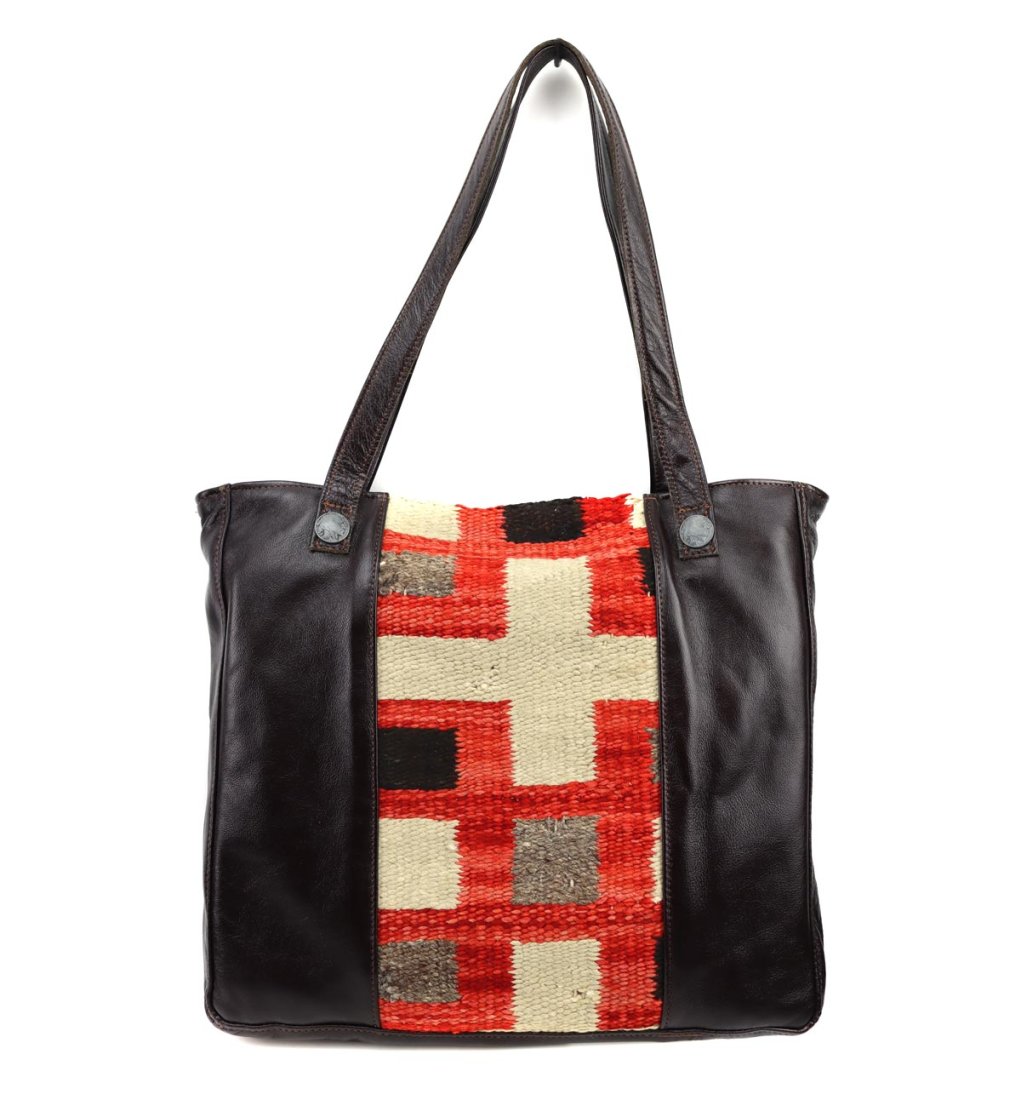 Custom Leather Handbag with c. 1890s Navajo Crystal Textile Inlay (1 of 4)