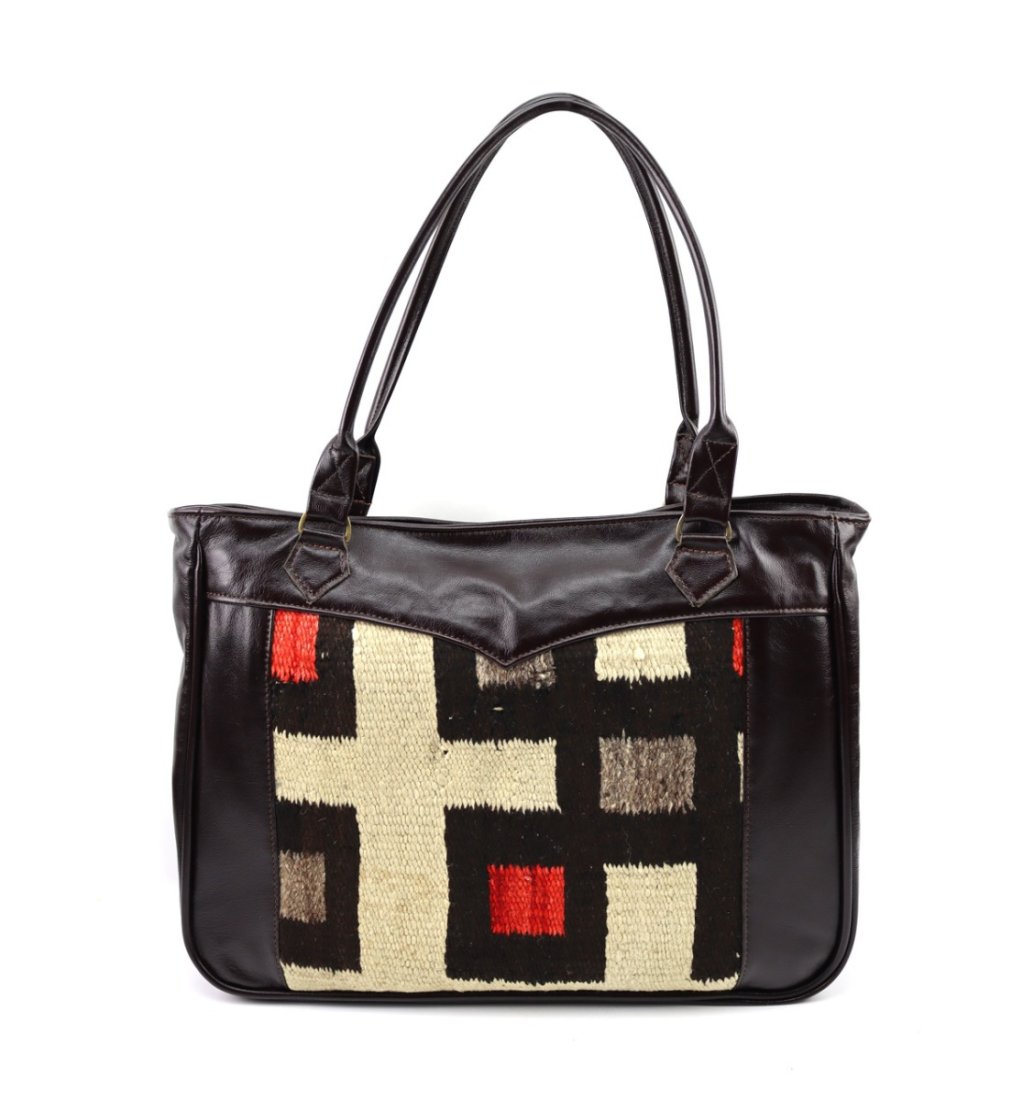 Custom Leather Handbag with c. 1890s Navajo Crystal Textile Inlay (1 of 4)