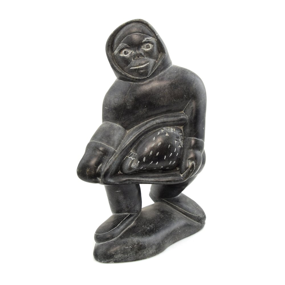 Sailagie Opick - of Povungnituk - Inuit Grey Soapstone Man Holding Seal c. 1977 (1 of 5)