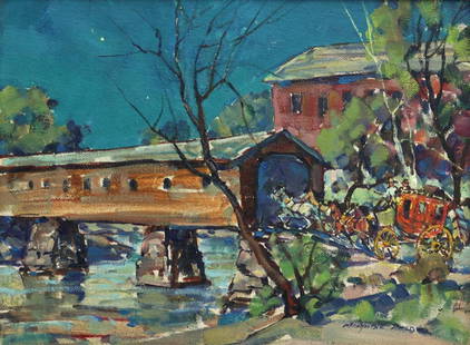 Marjorie Reed - Covered Bridge and Mill at Fairfield: Marjorie Reed (1915-1996) - Covered Bridge and Mill at Fairfield, Oil, 9" x 12" (16.75" x 19.625" framed). Acquired from a private collection in California. This painting is the study for Marjorie Ree