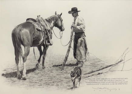 Robert "Shoofly" Shufelt - Barbed Wire Gates: Robert "Shoofly" Shufelt (b. 1935) - Barbed Wire Gates, Graphite, 14.5" x 20.5" (23.25" x 29" framed) c. 2006. Ex private collection, Arizona. Ex Mountain Oyster Club. Includes an original price tag o