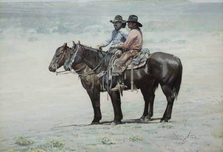 Gordon Snidow (b. 1936) Two Cowboys on Horseback: Gordon Snidow (b. 1936) - Two Cowboys on Horseback , Gouache, 27.5" x 38" (37" x 46.5" framed) c. 1981. Acquired from a private collection in Arizona.