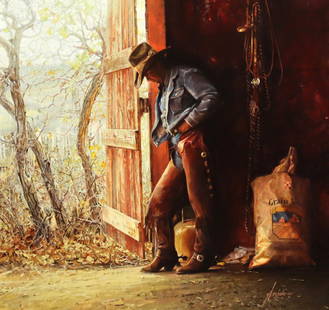 Gordon Snidow (b. 1936) - Lone Cowboy: Gordon Snidow (b. 1936) - Lone Cowboy, Oil on Board, 22.5" x 24" (33" x 33" framed) c. 1992. Acquired from a private collection in Arizona.