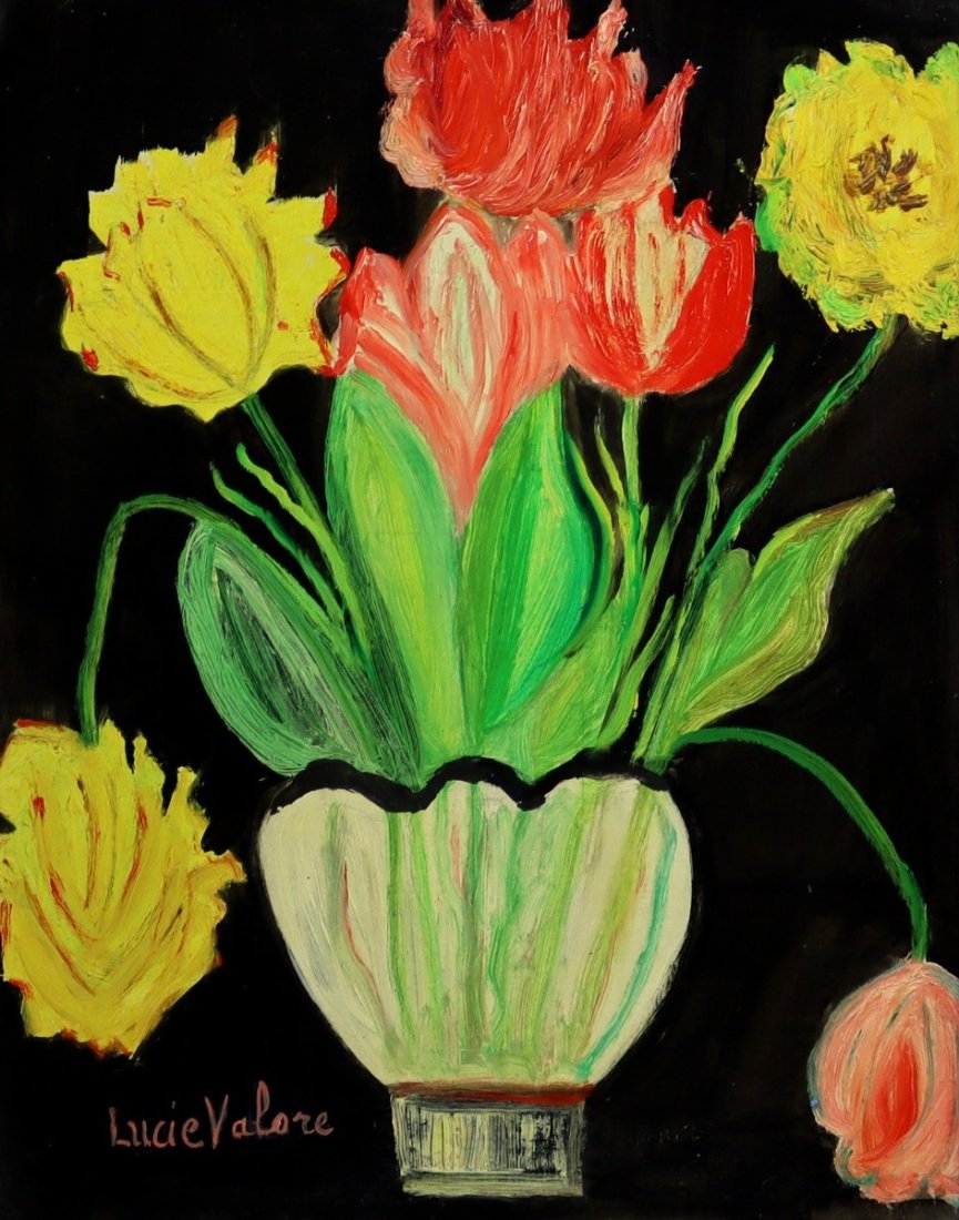 Lucie Valore (1878-1965) - Flowers: Lucie Valore (1878-1965) - Flowers, Oil, 18" x 14.75" (25" x 22" framed) c. 1940s. Signed lower left. Ex Frank and Jean Hamilton estate.